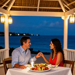 Caribbean Holidays, Aruba July Weddings, A couple enjoying a romantic dinner at an outdoor restaurant in Aruba, with lanterns, local food and a tropical evening atmosphere