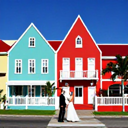 Caribbean Holidays, Aruba July Weddings, A newlywed couple exploring Oranjestad, Aruba, past colourful Dutch Caribbean buildings and palm trees on a sunny day