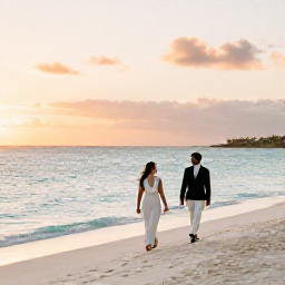 Caribbean Holidays, Aruba July Weddings, A newlywed couple walking along a white sandy beach in Aruba at sunset, with calm turquoise sea and warm evening light