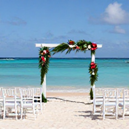 Caribbean Holidays, Aruba July Weddings, An elegant beachfront wedding ceremony in Aruba with white chairs, tropical flowers and the turquoise Caribbean Sea