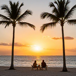 Caribbean Holidays, Aruba June Holidays, A couple enjoying an Aruba sunset from a beach, with warm golden light, palm silhouettes and a peaceful all-inclusive holiday mood