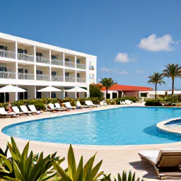 Caribbean Holidays, Aruba June Holidays, A modern all-inclusive resort in Aruba with a swimming pool, sun loungers, tropical gardens and guests enjoying a June holiday