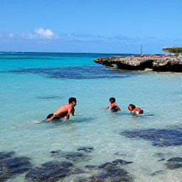 Caribbean Holidays, Aruba June Holidays, Visitors snorkelling in clear Aruba water near a rocky coastline, with colourful fish, bright sunshine and a relaxed Caribbean scene