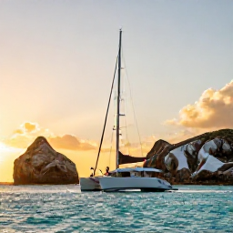 Caribbean Holidays, Aruba Luxury Holidays, A couple sailing on a luxury catamaran along Aruba&rsquo;s turquoise coast at sunset, with dramatic rocky shoreline and golden light