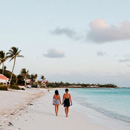 Caribbean Holidays, Aruba Luxury Holidays, A couple walking along a quiet white-sand beach in Aruba in October, with turquoise water, palm trees and soft evening light