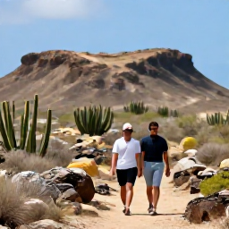 Caribbean Holidays, Aruba Luxury Holidays, A couple walking through Aruba&rsquo;s rugged Arikok National Park with desert landscape, cacti, rocky hills and bright sunshine