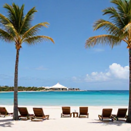 Caribbean Holidays, Aruba Luxury Holidays, A stylish luxury resort overlooking a calm turquoise beach in Aruba during October, with palm trees, sun loungers and clear blue sky