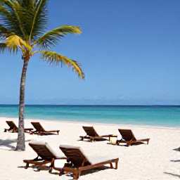 Caribbean Holidays, Aruba Luxury Holidays, A stylish luxury resort overlooking a calm turquoise Caribbean beach in Aruba during May, with palm trees, sun loungers and a clear blue sky