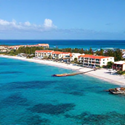 Caribbean Holidays, Aruba Luxury Holidays, Aerial view of Aruba coastline with luxury resorts, white beaches and bright blue Caribbean water under clear skies