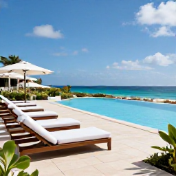 Caribbean Holidays, Aruba Luxury Holidays, An elegant beachfront hotel terrace in Aruba with an infinity pool, white loungers, tropical planting and views across the Caribbean Sea