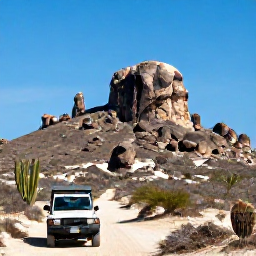 Caribbean Holidays, Aruba Luxury Holidays, Aruban desert landscape with rugged rocks, cacti and a 4x4 vehicle beneath a clear blue sky