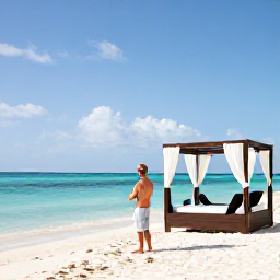 Caribbean Holidays, Aruba Luxury Holidays, Couple enjoying a private cabana on Palm Beach Aruba, with white sand, turquoise water and gentle sunshine
