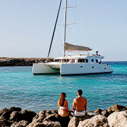 Caribbean Holidays, Aruba Luxury Holidays, Couple enjoying a private catamaran cruise beside Aruba's rocky coastline and turquoise water in warm June sunshine