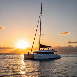 Caribbean Holidays, Aruba Luxury Holidays, Couple enjoying a sunset catamaran cruise off Aruba, with golden light, calm Caribbean water and a colourful sky