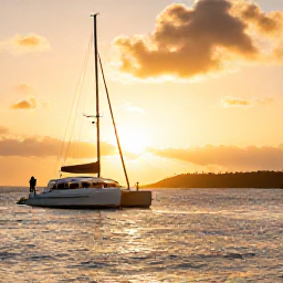 Caribbean Holidays, Aruba Luxury Holidays, Couple enjoying a sunset catamaran cruise off Aruba, with golden light, calm water and the island coastline in the distance