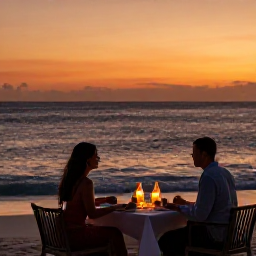 Caribbean Holidays, Aruba Luxury Holidays, Couple enjoying a sunset dinner at a beachfront restaurant in Aruba, candlelit table, gentle waves and orange sky