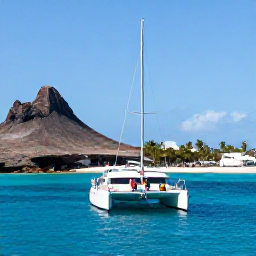 Caribbean Holidays, Aruba Luxury Holidays, Couple sailing along Aruba coastline in July sunshine, catamaran on turquoise water with rugged cliffs and palm-lined beaches