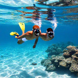 Caribbean Holidays, Aruba Luxury Holidays, Couple snorkelling in clear Caribbean water near Aruba, colourful fish and coral reef beneath the surface