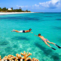 Caribbean Holidays, Aruba Luxury Holidays, Couple snorkelling in clear Caribbean water near Aruba, with colourful fish, coral and a sunny shoreline