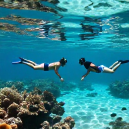 Caribbean Holidays, Aruba Luxury Holidays, Couple snorkelling in clear turquoise water near Aruba, colourful fish and coral reef beneath the surface