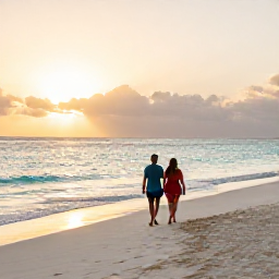 Caribbean Holidays, Aruba Luxury Holidays, Couple walking along Eagle Beach in Aruba at sunset, soft golden light, white sand and calm turquoise sea