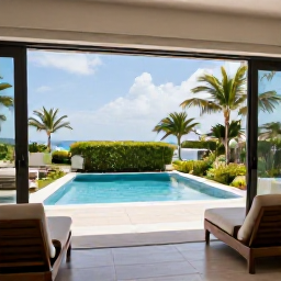 Caribbean Holidays, Aruba Luxury Holidays, Elegant Aruba hotel suite opening onto a private terrace with a swimming pool and tropical garden