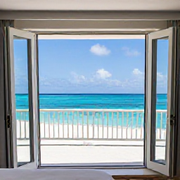 Caribbean Holidays, Aruba Luxury Holidays, Elegant Aruba hotel suite with open doors to a private balcony overlooking a white sandy beach and bright blue sea
