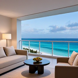Caribbean Holidays, Aruba Luxury Holidays, Elegant Aruba resort suite with balcony overlooking the Caribbean Sea, contemporary furnishings and soft evening light