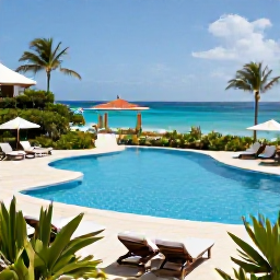 Caribbean Holidays, Aruba Luxury Holidays, Elegant beachfront resort in Aruba with stylish pool area, loungers, tropical gardens and calm blue sea