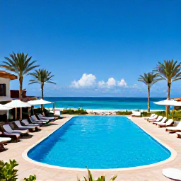 Caribbean Holidays, Aruba Luxury Holidays, Elegant luxury hotel pool overlooking Aruba&rsquo;s coastline, with palm trees, sunbeds and a clear blue sky