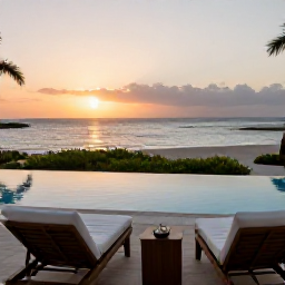 Caribbean Holidays, Aruba Luxury Holidays, Elegant luxury hotel terrace in Aruba overlooking a calm Caribbean beach at sunset, with a swimming pool and comfortable seating