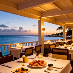 Caribbean Holidays, Aruba Luxury Holidays, Elegant outdoor restaurant in Aruba serving fresh seafood at dusk, with warm lighting and views across the Caribbean Sea