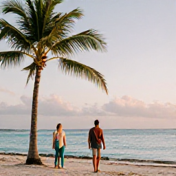 Caribbean Holidays, Aruba Luxury Holidays, Luxury Aruba beach holiday scene with couple walking beside calm turquoise sea at sunset, palm trees and soft golden light