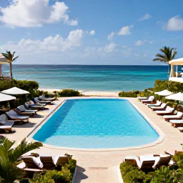 Caribbean Holidays, Aruba Luxury Holidays, Luxury beachfront hotel pool in Aruba with sun loungers, tropical gardens and calm blue Caribbean water