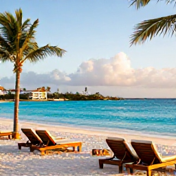 Caribbean Holidays, Aruba Luxury Holidays, Luxury beachfront resort in Aruba at golden hour, with turquoise Caribbean water, palm trees and elegant loungers