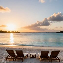 Caribbean Holidays, Aruba Luxury Holidays, Luxury beachfront resort in Aruba at sunrise, with calm turquoise sea, white sand and elegant loungers