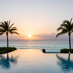 Caribbean Holidays, Aruba Luxury Holidays, Luxury beachfront resort in Aruba at sunset, with an infinity pool, palm trees and calm turquoise Caribbean sea