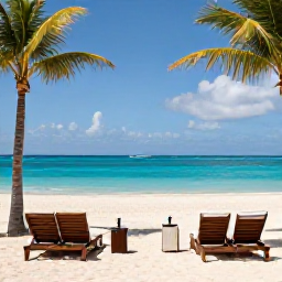 Caribbean Holidays, Aruba Luxury Holidays, Luxury beachfront resort in Aruba during June, with turquoise sea, white sand, palm trees and elegant loungers