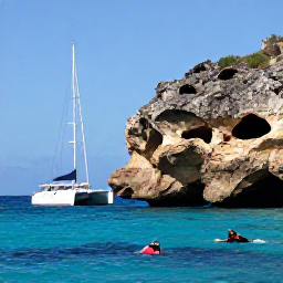 Caribbean Holidays, Aruba Luxury Holidays, Luxury catamaran sailing along Aruba&rsquo;s rugged coastline in September, clear sea, dramatic rock formations and snorkellers