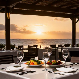 Caribbean Holidays, Aruba Luxury Holidays, Outdoor dining terrace in Aruba at sunset, elegant table setting, Caribbean dishes and warm golden sky