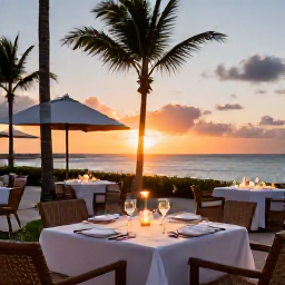 Caribbean Holidays, Aruba Luxury Holidays, Outdoor fine dining terrace in Aruba with Caribbean sunset, elegant table setting and palm trees