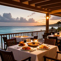 Caribbean Holidays, Aruba Luxury Holidays, Refined beachfront restaurant in Aruba serving fresh seafood at sunset, with warm lighting and views across the Caribbean Sea