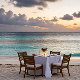 Caribbean Holidays, Aruba Luxury Holidays, Romantic beachfront dinner in Aruba at sunset, with a beautifully laid table, soft lighting and calm turquoise sea