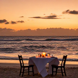 Caribbean Holidays, Aruba Luxury Holidays, Romantic beachfront dinner in Aruba at sunset, with a candlelit table, gentle waves and warm orange sky