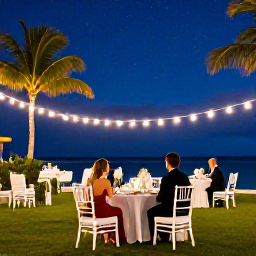 Caribbean Holidays, Aruba Luxury Holidays, Romantic outdoor dinner at a luxury Aruba resort beneath string lights, palm trees and a star-filled evening sky