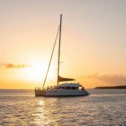 Caribbean Holidays, Aruba Luxury Holidays, Visitors enjoying a sunset catamaran cruise off the coast of Aruba, with golden light, calm sea and the island visible in the distance