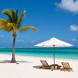 Caribbean Holidays, Aruba Luxury Holidays, White sandy beach in Aruba with turquoise water, palm trees and a luxury picnic setup beneath a parasol