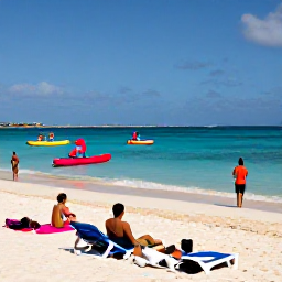 Caribbean Holidays, Aruba March Holidays, Travellers relaxing on the broad sands of Palm Beach, Aruba, with colourful watersports, sun loungers and gentle waves