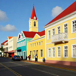Caribbean Holidays, Aruba March Holidays, Visitors exploring the colourful streets and historic Dutch colonial buildings of Oranjestad, Aruba, during a sunny afternoon