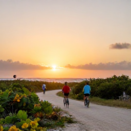Caribbean Holidays, Aruba Nature Holidays, A relaxed family-friendly outdoor scene in Aruba with hikers, bicycles, native plants and a golden sunset over the coast